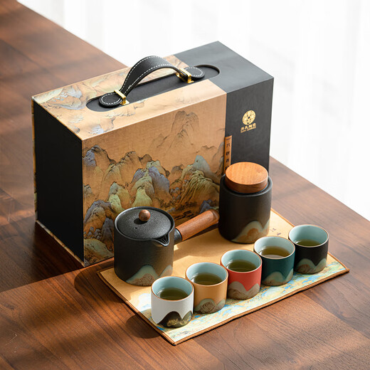 SUSHI CERAMICS hand-painted glaze colorful Qianlijiangshan tea set gift box side handle pot five-color cup cultural and creative souvenirs