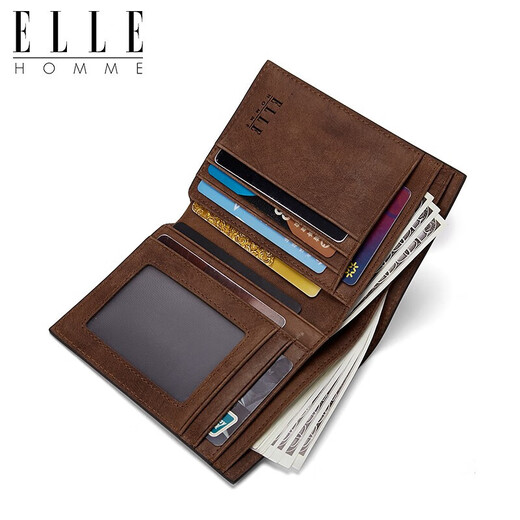ELLE HOMME 钱包竖款头层牛皮多卡位复古两折票夹0330 生日礼物送爸爸