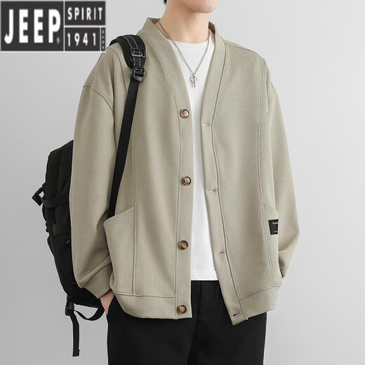 JEEP SPIRITV领针织衫男士春秋款潮牌休闲慵懒风开衫外套感日系夹克上衣 BJ723米白色 L (约110-130斤可穿)