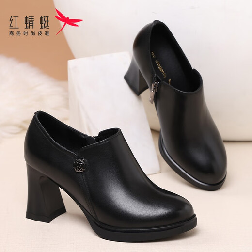 Red Dragonfly Women's Boots Genuine Leather Fashion Boots Ankle Boots Autumn and Winter British Style Leather Boots Thick Heel Mom's Shoes High Heels 8cm Black (Heel Height 8cm) 37