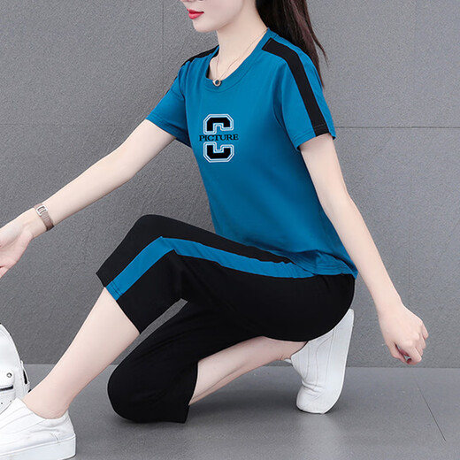 NY-EMMA-Sportanzug für Kurzärärmel-Sommer-Dünn-High-End-modische altersreduzierende Cotton-Freizeit- und modische Laufanzug zweiteiler Set 687 Royal Blue (Crop Hosen Set) M (Empfohlen 80-95 Jin [Jin gleich 0,5 kg]))