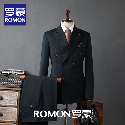 ROMON autumn new suit men's British style double-breasted business casual suit three-piece groom's wedding dress black (suit + pants + vest) 2XL (height 170-175\weight 150-165Jin Jin equals 0.5 kg)