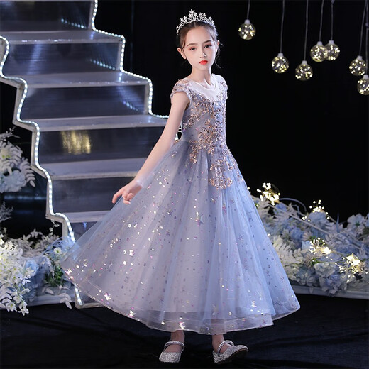 Little Kayi Girl Girl Princess Falda Cumpleaños Falda Hopfy Host Niños Vestidos de noche Piano ropa Flower Flower Children Boda Summer Noble Azul 1591 MANEVELESS Long Style 130