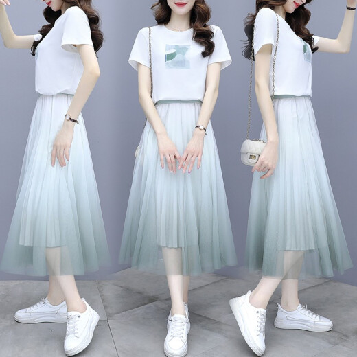 Aiweisi dress suit skirt 2022 summer new style super fairy sweet top T-shirt pleated mesh skirt dress suit blue suit L