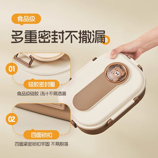 Good Housekeeping Insulated Lunch Box for Students, Cute Stainless Steel Lunch Box Bag for Students, Portable Sealable Lunch Box for Office Workers, Brown Bear (Chopsticks Spoon + Soup Bowl + Insulated Bag)