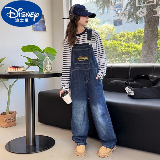 迪士尼（Disney）女童背带裤套装春秋2024新款女大童阔腿牛仔裤初中生儿童洋气套装 牛仔色背带裤 150(适合140-150cm，9-10岁)