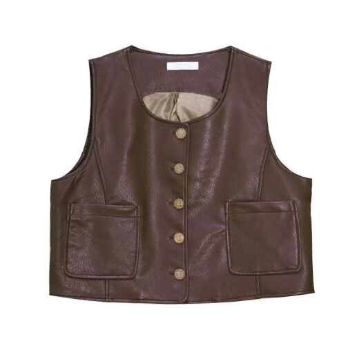 
Mancaoko vest women's fashionable PU leather vest spring and autumn short British retro vest round neck versatile simple and fashionable jacket, brown color_coffee 9893# round neck leather vest L__111-125Jin[Jin equals 0.5 kg]