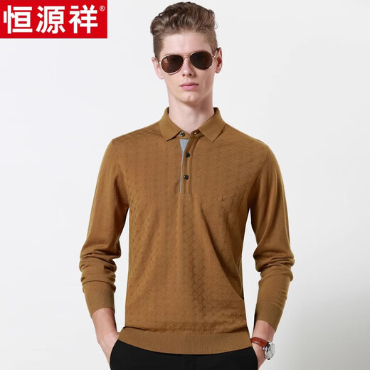 Hengyuanxiang 100 Pure Wool Sweater Men's Lapel Autumn and Winter Fashion Jacquard Young and Middle-aged Business Casual Pullover Long Sleeve Sweater Brown XL (180)