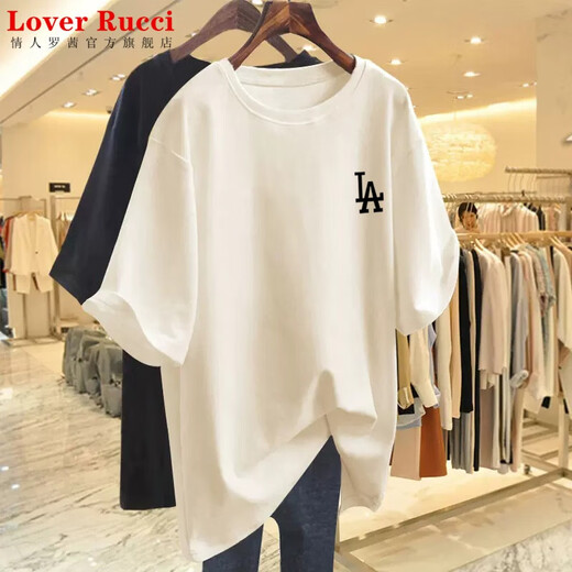 
LOVER RUCCI pink T-shirt for women summer short-sleeved 2025 European large version pure cotton medium-length loose butt top ins LA dark green L Recommended 135-160Jin [Jin equals 0.5 kg]