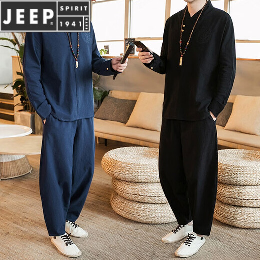JEEP SPIRIT中国风男装亚麻套装男士秋季唐装汉服两件套中式复古风茶禅居士服 酒红色(A804) L 建议体重115-130斤