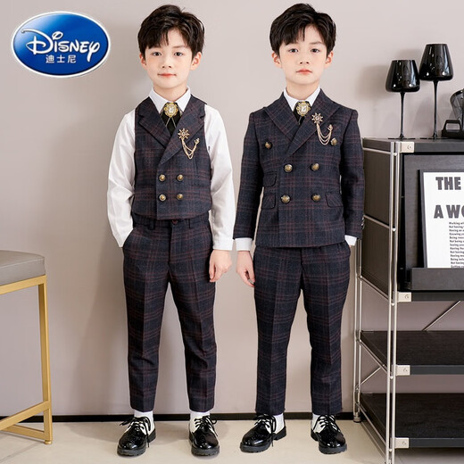 Costumes pour enfants Disney, beaux combinaisons de garçons de fleurs, robes de garçons britanniques, performance de piano pour enfants du milieu à la place, manteau orange bleu foncé + gilet + pantalon + fleur de col + poitrine 90 cm Poids recommandé 25-30 Jin [Jin est égal à 0,5 kg]