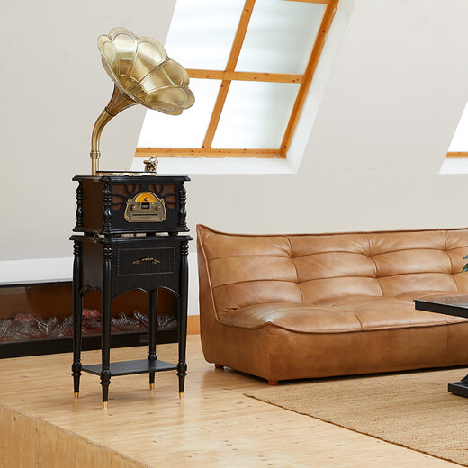 Vannessy European retro 25X gramophone vinyl record player living room audio old-fashioned record player Bluetooth speaker British brown upgraded version (copper horn)