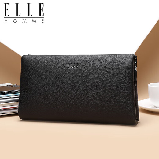 ELLE HOMME men's handbag, top layer deer leather zipper wallet, large capacity clutch bag, fashionable men's bag, EB282300450 black, birthday gift for boyfriend