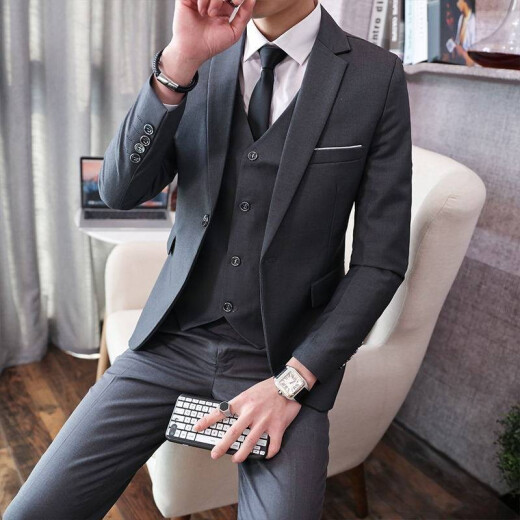 Kaduton suit men's three-piece professional business small suit formal jacket men's slim groom's wedding dress black double button [suit + trousers + shirt + leather shoes] L [100-115Jin [Jin equals 0.5 kg]] + 8 gifts