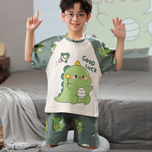 
Boys pajamas summer pure cotton loose short sleeve thin suit children boy medium-sized children dinosaurs wear home clothes XP897 green dinosaur 140 little boy 16 size height 135-140cm70Jin [Jin equals 0.5 kg]