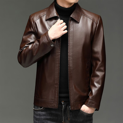 Old man's head (LRT) leather jacket autumn and winter middle-aged jacket men's leather jacket business casual dad wear plus velvet thickened warm stand-up collar leather jacket FE1755 black regular M 170