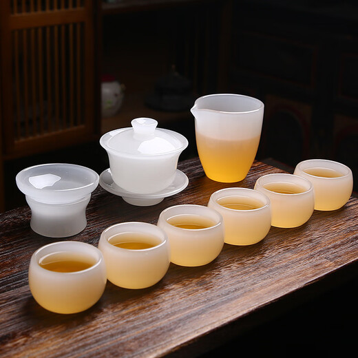 Xiangdu Glazed Tea Set Covered Bowl Set High-end Home Office Reception Kung Fu Tea Set Tea Bowl Tea Cup Tea Leak Fair Cup White Jade Glazed-Safe Packaging 9 Pieces