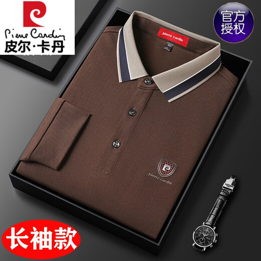 皮尔卡丹丝光棉长袖t恤男士秋季新款体恤衫纯色中年爸爸装翻领POLO衫男 红色 SKL-15810 165码推荐90-115斤左右