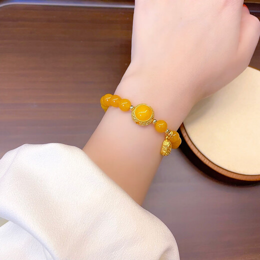 Holy glass golden yellow beeswax carved small shoe tassel bracelet showing white Nepal amber bracelet ancient retro style jewelry for women beeswax small shoe tassel bracelet