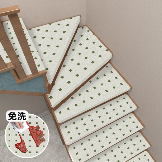 Little Brown Bear Stair Step Mat Self-adhesive Stair Mat Anti-slip Household Floor Mat Step Sticker Rotating Stair Foot Mat Silicone Mat Showing Pattern - Off-White + Green Self-adhesive Bottom 60*22+4.5cm Side Fold