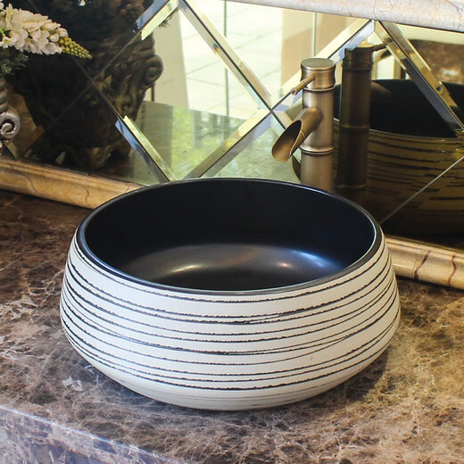 Countertop ceramic washbasin round single basin retro European art washbasin home bathroom washbasin hand-painted green lotus