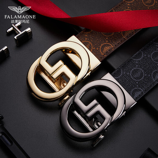 
FALAMAONE brand men's belt genuine leather automatic buckle business pants belt boy's birthday gift for boyfriend husband [solid wood gift box] PD844J gold buckle-print pattern 115cm -130cm random-contact customer service design