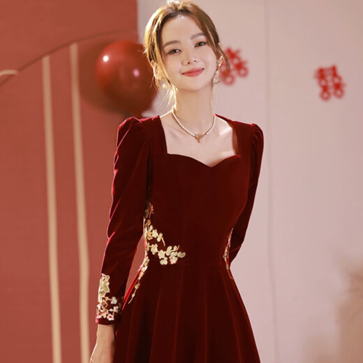 Li Baixin Toast Wear 2025 New Bride Red Wedding High-End Engagement Dress Long-Sleeved French High-Quality Women Autumn and Winter Burgundy M