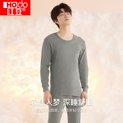 Red Bean Underwear Men's Pure Cotton Thin Warm Printed Round Neck Clothes Bottoming Autumn Clothes Autumn Pants Set Hemp Gray 175