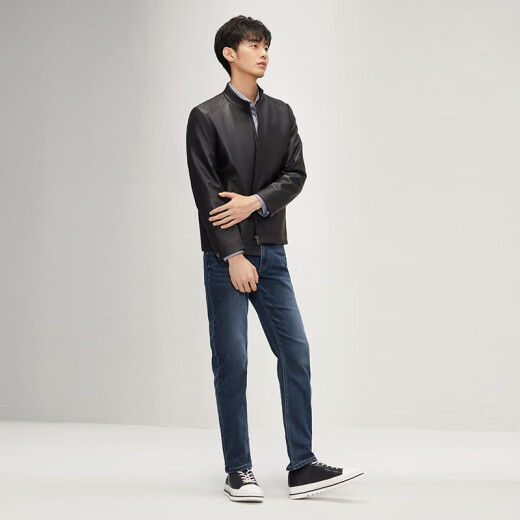 Siete marcas [piel de oveja] chaqueta de cuero genuina para hombres 2025 Spring and Summer New Business Investment Black Standing Collar a prueba de viento L (175)