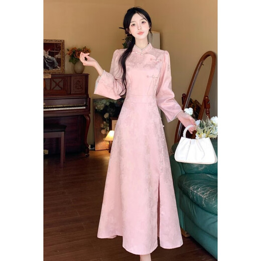Zhi Li Guan Improved Flag New Chinese Style Light National Style Long Sleeve Dress Women's 2024 Autumn and Winter New Young Temperament Robe Daily Wear Pink Large Size XL