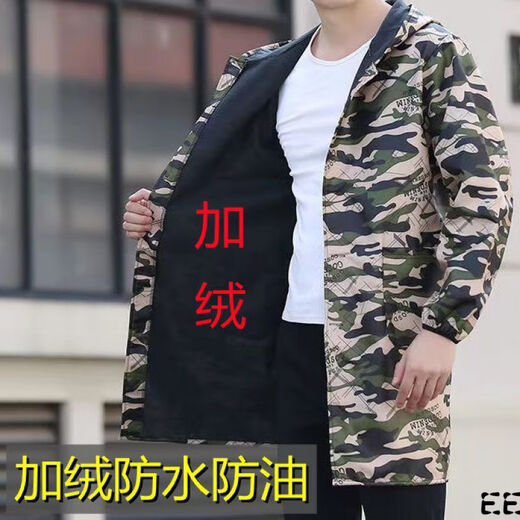 Guiren Xiong velvet thickened smock, warm coat, men's and women's work clothes, waterproof and oil-proof camouflage long coat, kitchen long-sleeved labor insurance suit, green floral (with hood), medium size (120-170)