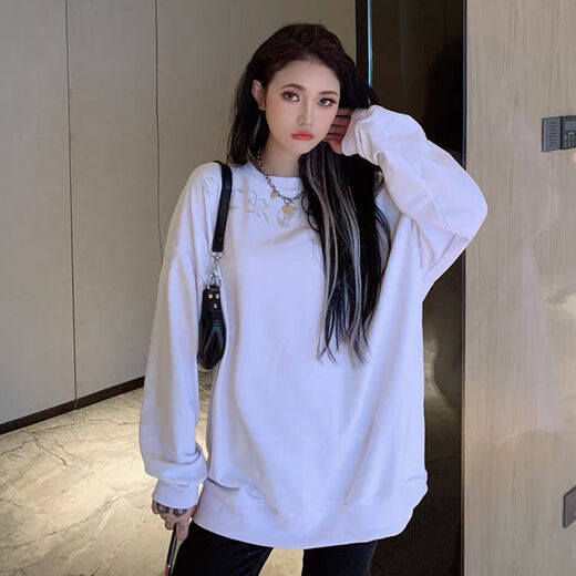 Shangjianfen women's niche 2025 spring and autumn new ins trendy brand hot diamond sweatshirt for women European and American heavy industry Sanskrit cross loose cross hot diamond sweatshirt - black high quality thin section XXS recommended 10Jin Jin equal to 0.5 kg or less