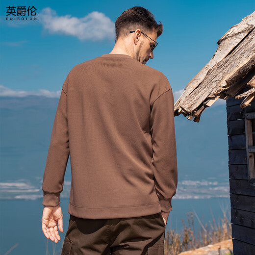 Enjeolon 330G Heavy Henley Collar Sweatshirt Men's 2024 Autumn New American Style Loose Pullover Top Brown 2XL