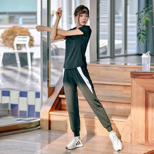 Baichao Yoga Wear Women's Summer Slim Loose Sports Fitness Quick-Drying Stretch Breathable Pilates Training Top Set Dark Purple Three-piece Set Short Sleeves + Long Sleeves + Pants XL118-130Jin Jin equals 0.5 kg