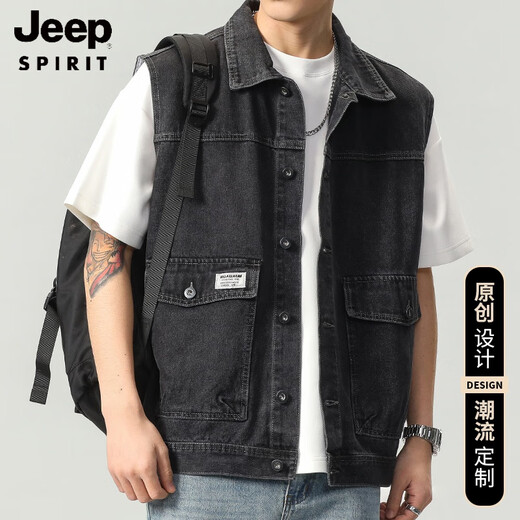 JEEP SPIRIT2025秋季新款复古工装牛仔马甲男春秋季黑色无袖背心男装坎肩外套 9216蓝色 3XL