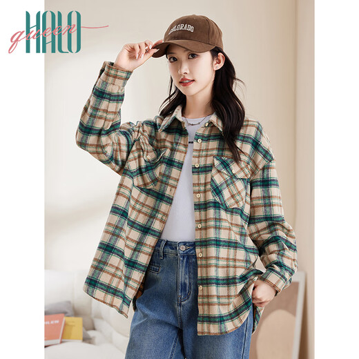 Halo Queen thick long-sleeved shirt women's autumn and winter trendy pocket plaid shirt new casual top jacket H144C6004