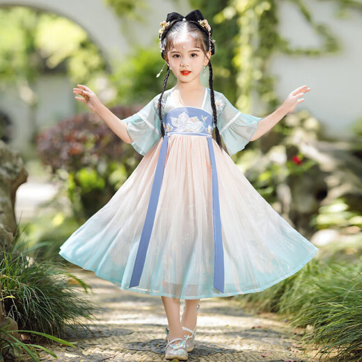 Aibaoashi Детские девчонки Hanfu Girls Summer Costume Костюм с короткими рукавами для девочек подарки для детского дня подарок в китайском стиле S689 Qingshan Dai 130 см [Предлагаемая рост 126-135 см]