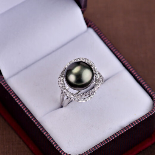 Fat Donglai's same style black pearl ring, Tahiti Bird's Nest, adjustable opening, 12mm, perfect round, 925 silver, white model