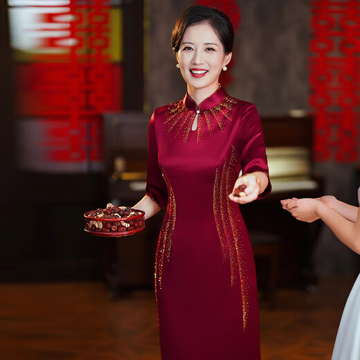 米诗德喜婆婆旗袍高档旗袍秋冬款妈妈婚宴装连衣裙醋酸面料高贵礼服 酒红色9712七分袖 2XL 115斤-125斤
