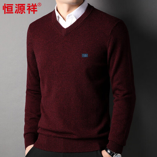 Hengyuanxiang 100% pure wool sweater men's V-neck thickened thick needle solid color versatile sweater HJ195 medium gray 175/92A