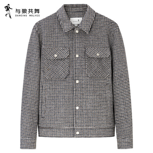 与狼共舞【鸭绒内胆+羊毛呢】冬季时尚千鸟格外套男士夹克 003中灰 175 