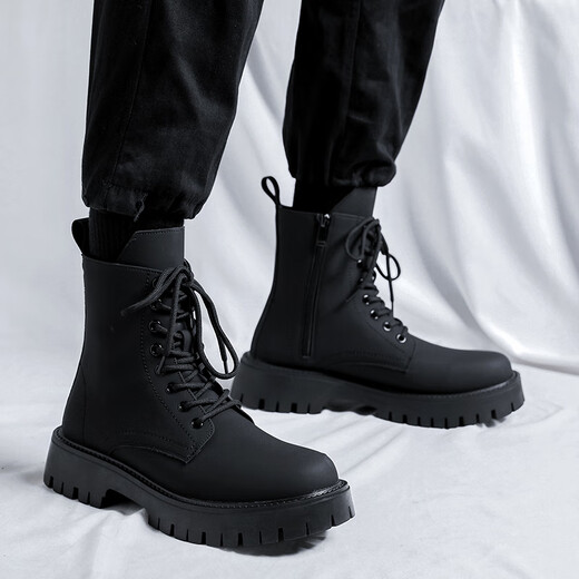 Jingmai Cowide Martin Boots Herren High Top Lederschuhe Herrenstiefel Mittelstiefel Frühling und Herbst Hochverstärkt atmungsaktive schwarze Lokomotive-Stiefel Schwarze High-Top-Matte [Frühling und Sommer] Größe 40 (= Sportschuhe 41)