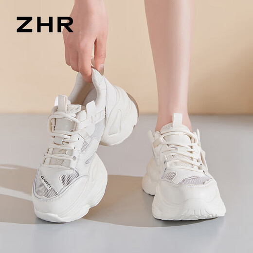 ZHR老爹鞋女夏季厚底休闲网洞鞋女透气女鞋 G673E 米色（网面） 35