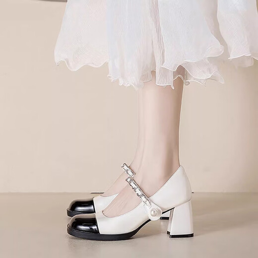 Xuanyan Little perfumado Fairy Mary Mary Zhen Zapatos de cuero pequeños en blanco y negro Bloqueo de color para mujeres Tacones gruesos tacones altos en blanco y negro [6 cm] [Tamaño 36]