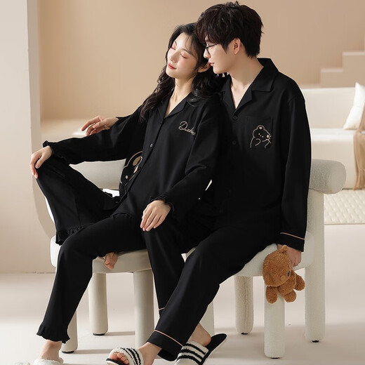 LangSha Couple Pajamas Autumn Pure Cotton Cartoon Cardigan Home Clothes Autumn One Male and One Female Student Dormitory Can Wear Outside Suit 961 Couple Outfit Female L + Male L
