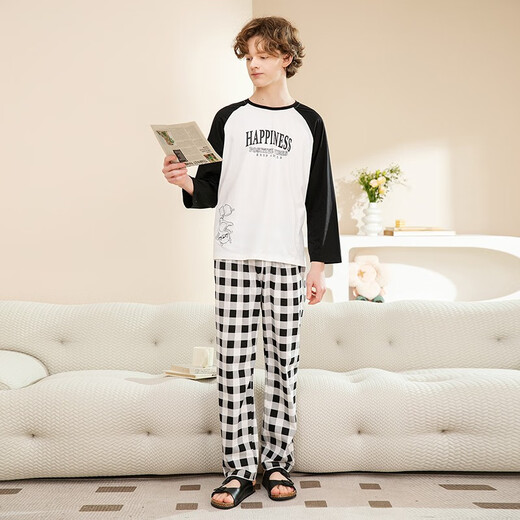 Fenton Couple Cotton Pajamas Women's New Round Neck Wearable Long Sleeve Home Clothes Set Elegant White (Male) L
