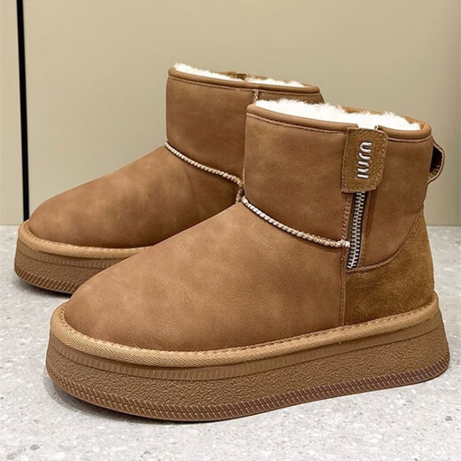 Saturday Lover SATURDAY LOVER Northeastern Schneestiefel Damen Europäische Kurzstiefel mit dicken Sohlen 2025 Winter Neuer Stil Samtverdicktes Echtleder Wasserdichte rutschfeste Baumwollschuhe Beige Upgraded 38