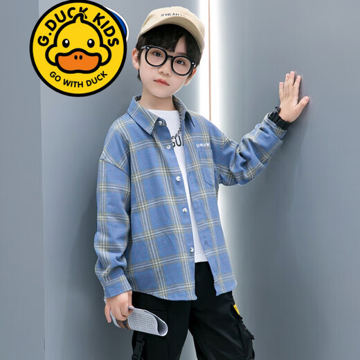 G.duck brand children's clothing boys plaid shirt spring and autumn children's long-sleeved shirt handsome boy autumn clothes for middle and large children blue plus velvet 150