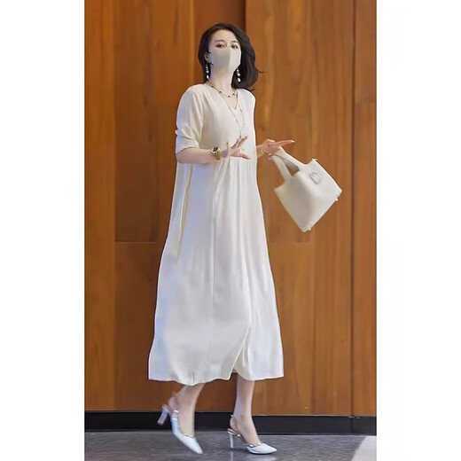 AEMAPE2025 summer new long skirt high-end exquisite texture high-end temperament beautiful loose slimming dress for women apricot color dress XL (115-125Jin [Jin equals 0.5 kg] shot)