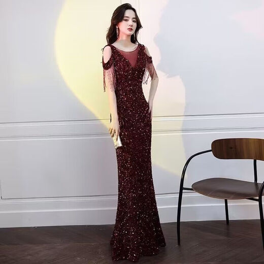 Weiaiidexiaosongshu Abendkleid für Frauen 2023 Neues Banketttemperament Fischschwanz Gastgeber leichter Luxus Nische High-End Pink M